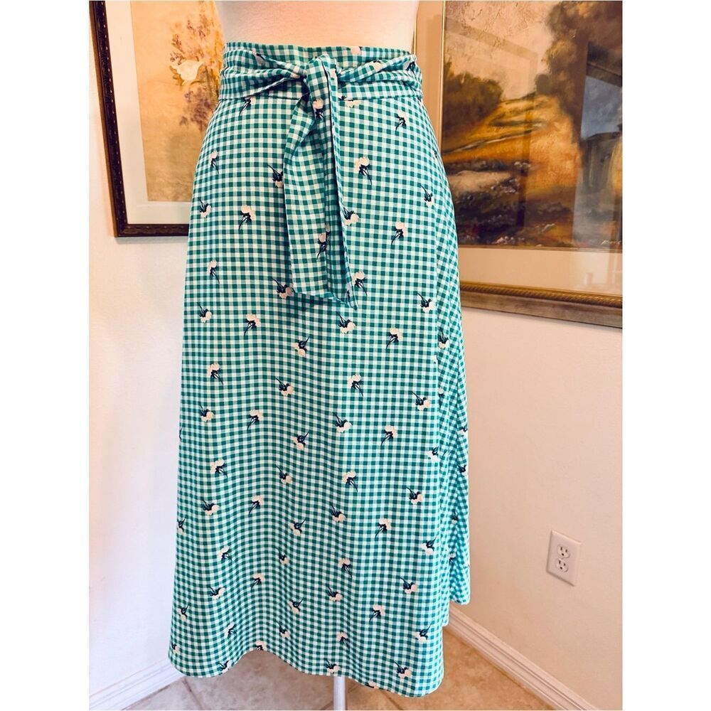 ANN TAYLOR Factory Green/White Checker Floral Tie-Waist Skirt Size 12 - Picture 2 of 15